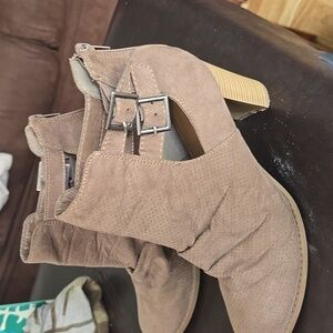 taupe heeled buckled booties